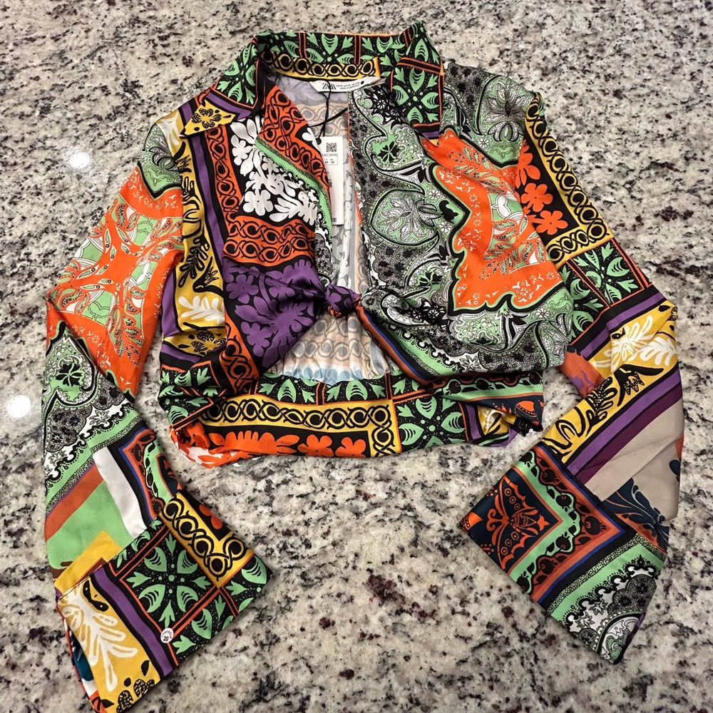 Zara Multicolor Printed Cropped Blouse - Orange, Green, Purple, Black - Picture 2 of 4